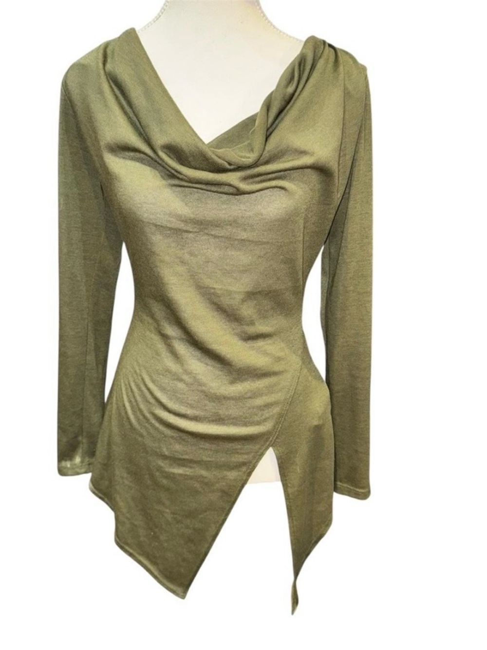 VENUS Olive Green Draped Cowl Neck Asymmetric Hem Sweater / NWOT